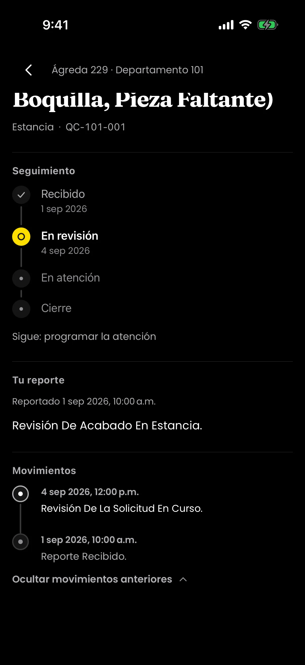 Folio QC-101-001 con su seguimiento y sus movimientos, con fecha y hora
